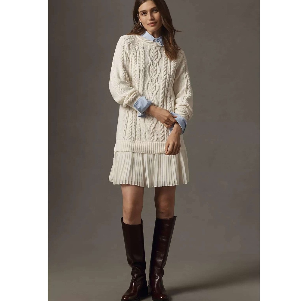 Anthropologie Delphine Sweater Twofer Mini Dress XS Cream Cable Knit Fall Preppy